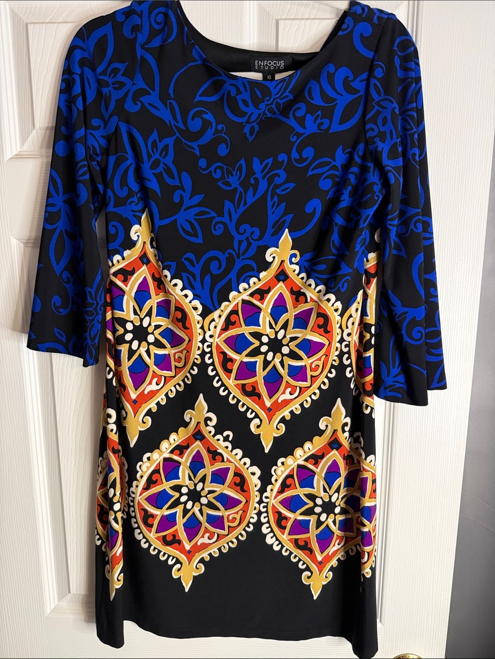 Enfocus Studio Black, Blue & Gold Medallion Midi Dress 3/4 sleeves stunning sk40